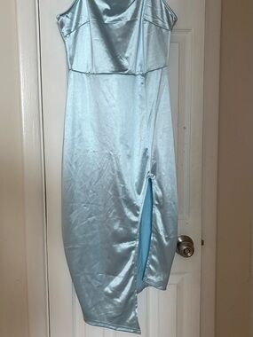 Asymmetrical Satin Slip Dress in Light Blue